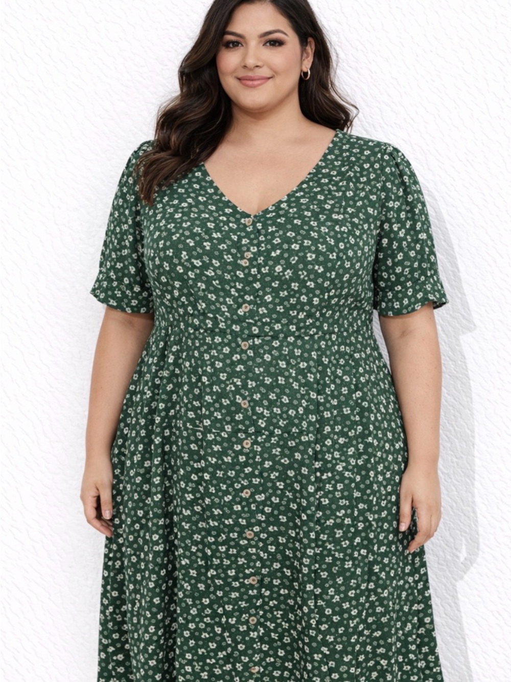 BloomChic Green Floral Button-Front Midi Dress